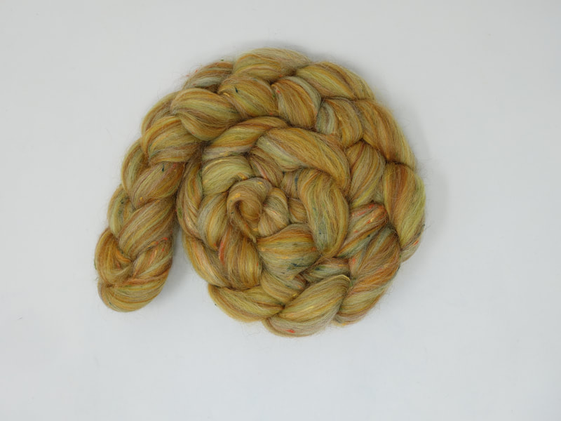 Yellow, Orange and Green Spinning fibre with tweed flecks. 