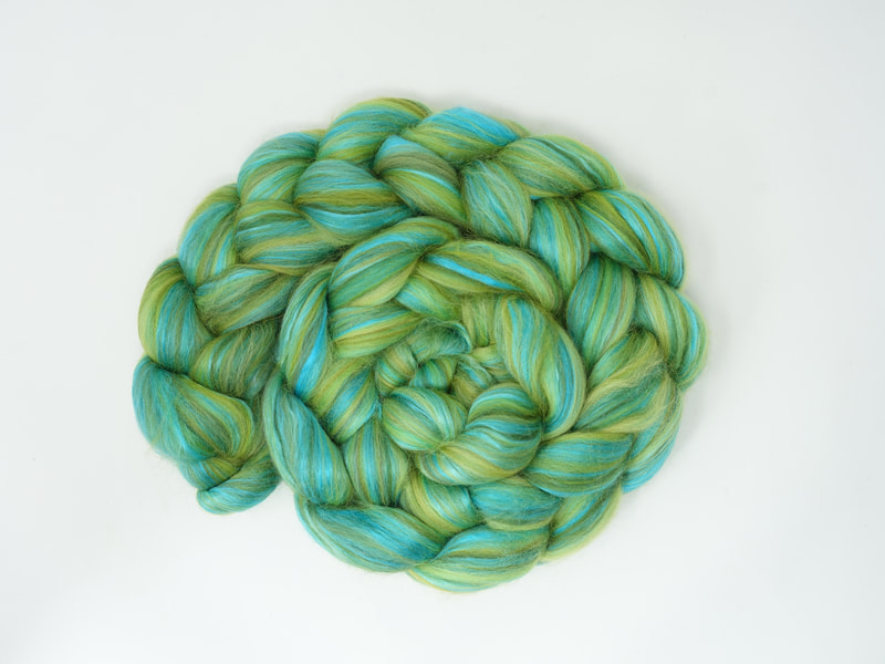 Lime green fibre with streaks of turquoise blue