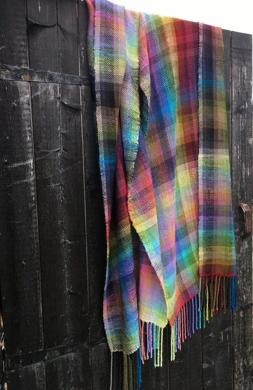 Rainbow colour gamp woven scarf in tussah silk 