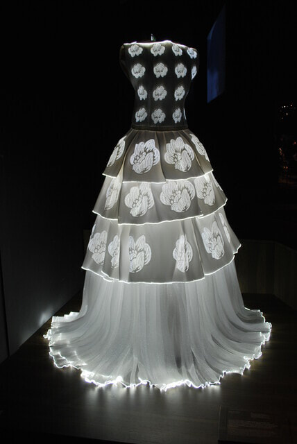 Dress which is illuminated in a dark room to show the detail of flowers
