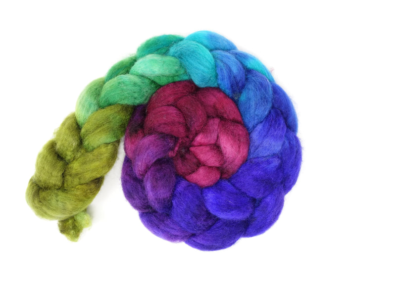 Spiral of braided fibre. Colour transition- raspberry, violet, blue, turquoise, jade, lime
