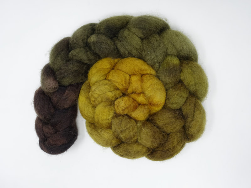 Spiral of braided fibre. Colour transition- mustard, khaki, chestnut