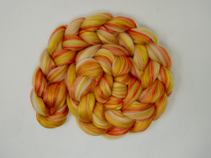 Yellow fibre with white and orange streaks