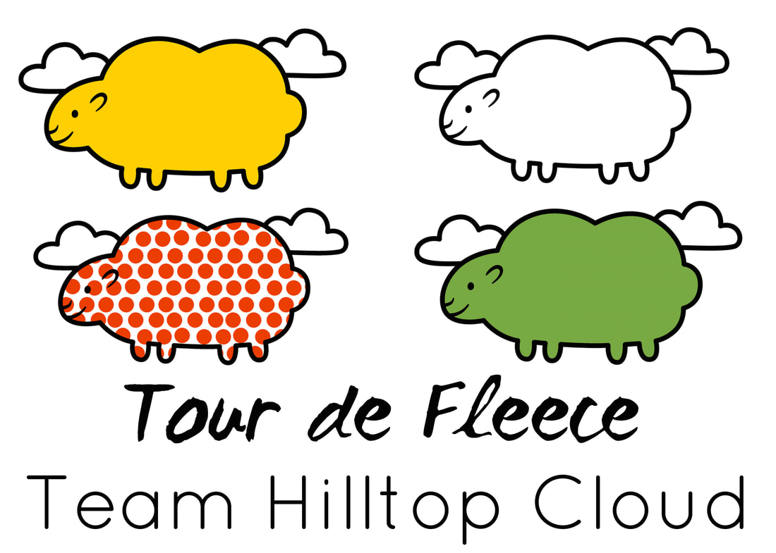 Team Hilltop Cloud Tour de Fleece Graphic featuring 4 sheep wearing the Tour de France jerseys